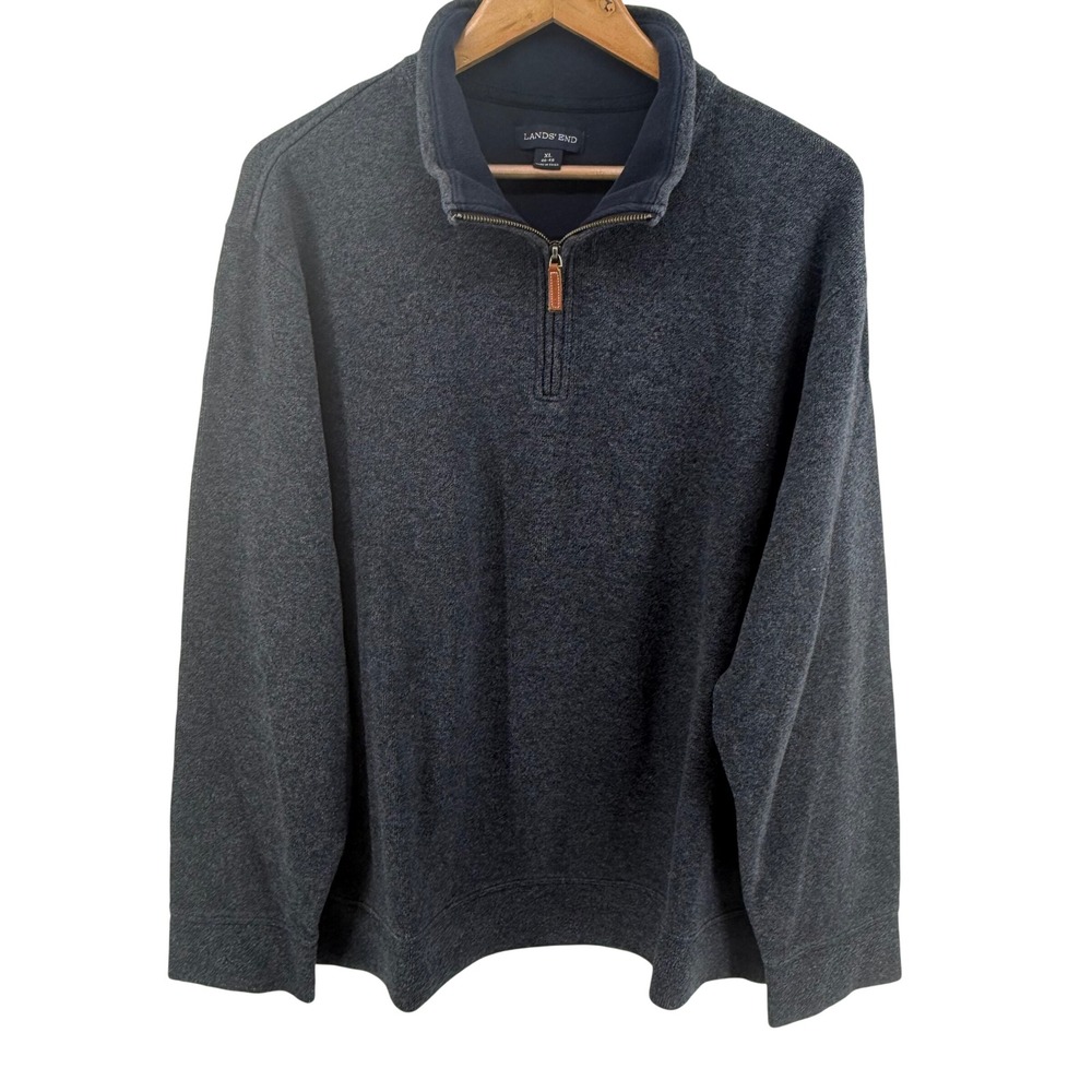 Lands End Mens XL Charcoal Gray Heather 100% Cotton Quarter Zip Pullover Sweater